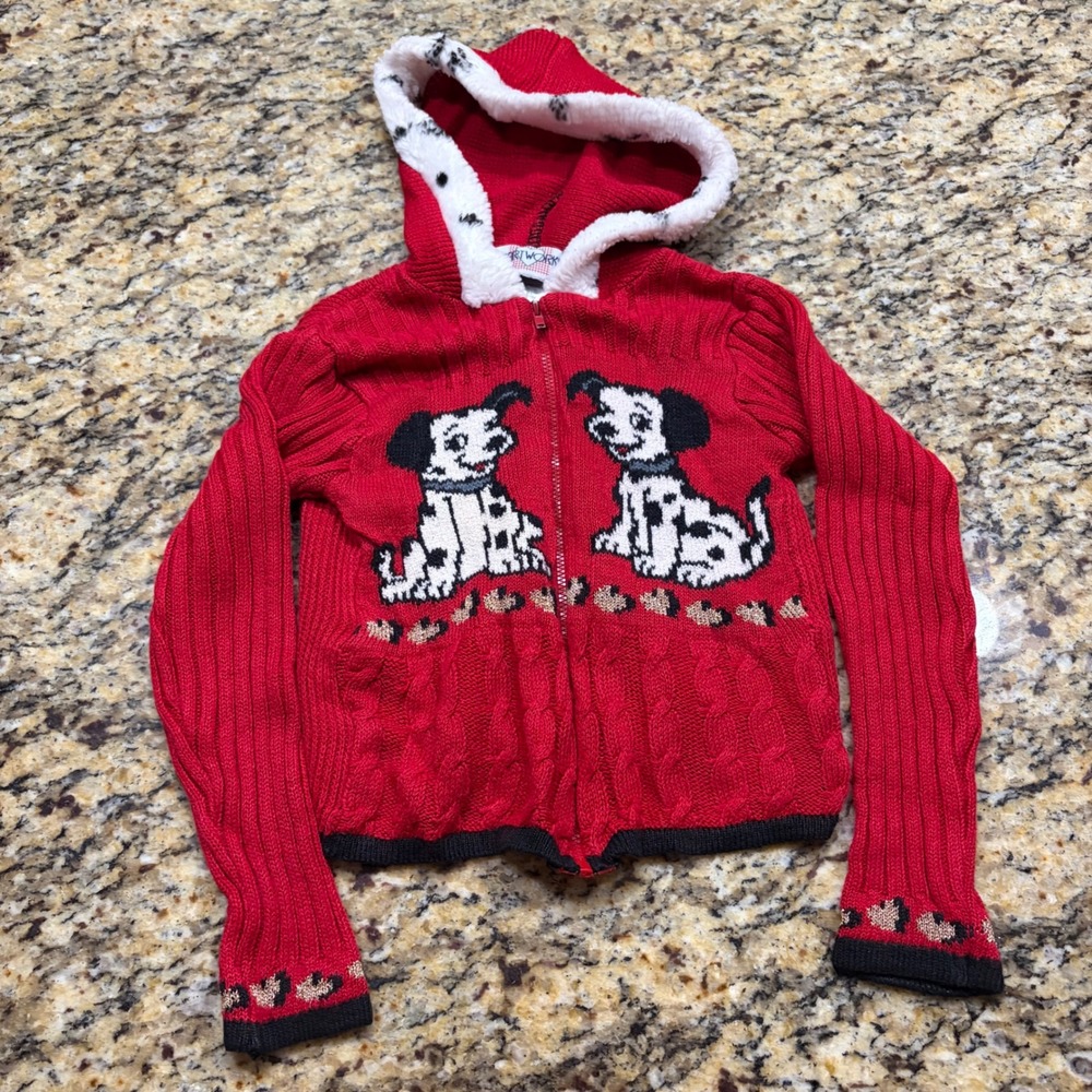 Heartworks Vintage Dalmatian Puppy Red Cable Knit Zip Up Hoodie Sweater Kids 5/6